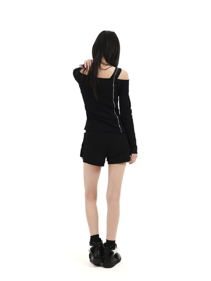 DETW online Black Skull Glitter Print Zipper Asymmetric Women&