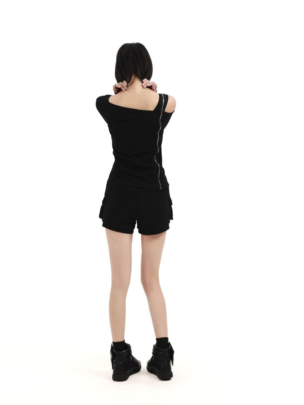 DETW online Black Skull Glitter Print Zipper Asymmetric Women&