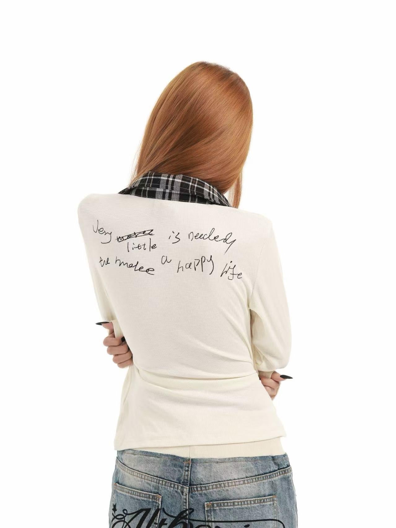 DETW online Cat Print Plaid V-neck Layered Polo Women&