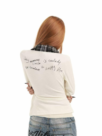 DETW online Cat Print Plaid V-neck Layered Polo Women&