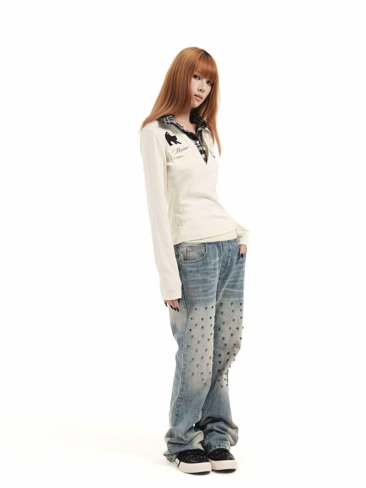 DETW online Cat Print Plaid V-neck Layered Polo Women&