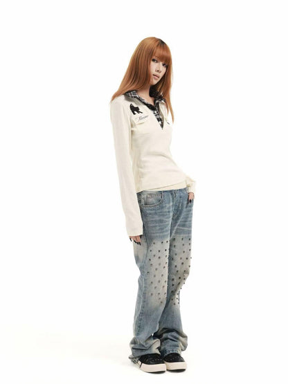 DETW online Cat Print Plaid V-neck Layered Polo Women&