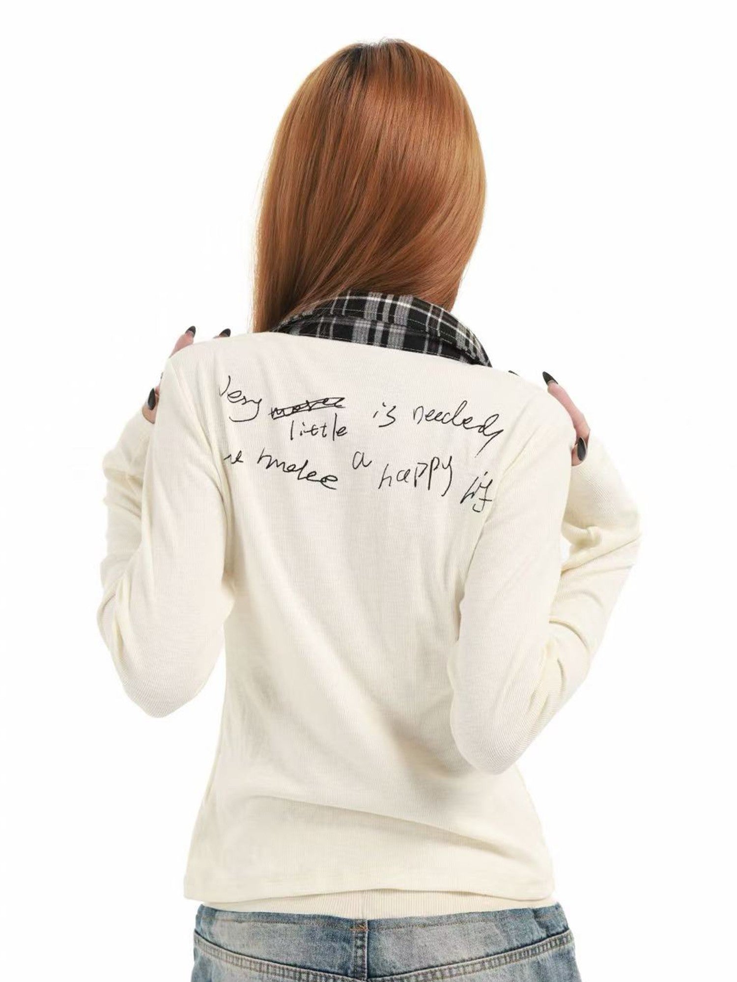 DETW online Cat Print Plaid V-neck Layered Polo Women&