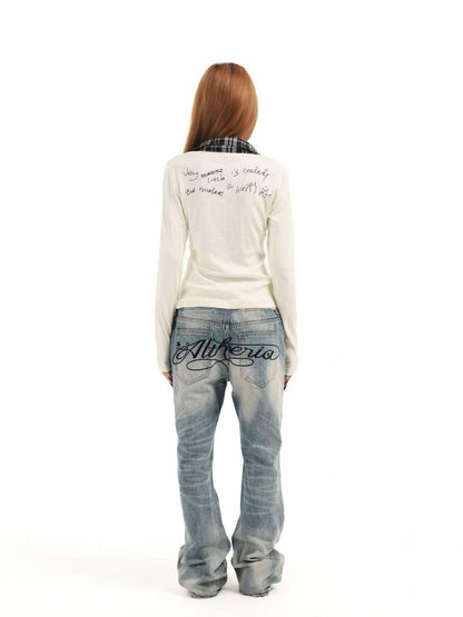 DETW online Cat Print Plaid V-neck Layered Polo Women&