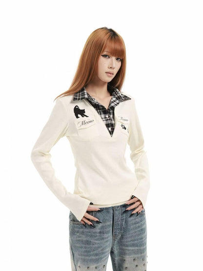 DETW online Cat Print Plaid V-neck Layered Polo Women&