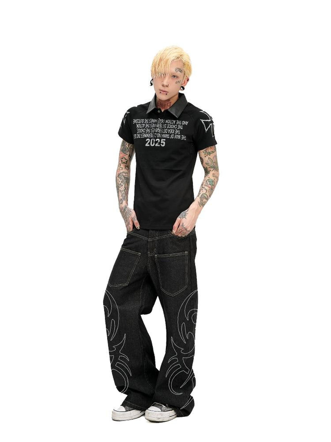 DETW online Dark Slogan Patchwork Pu Polo Tee