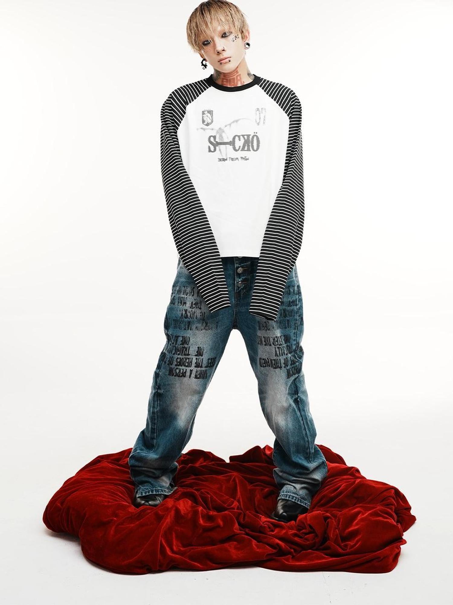 DETW online Death Note Stripe Punk V-neck T-shirt Long Sleeve