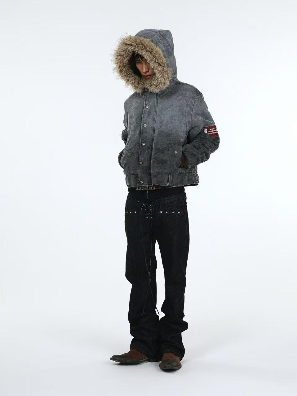 DETW online Distressed Camouflage Embroidered Badge Hooded Women&