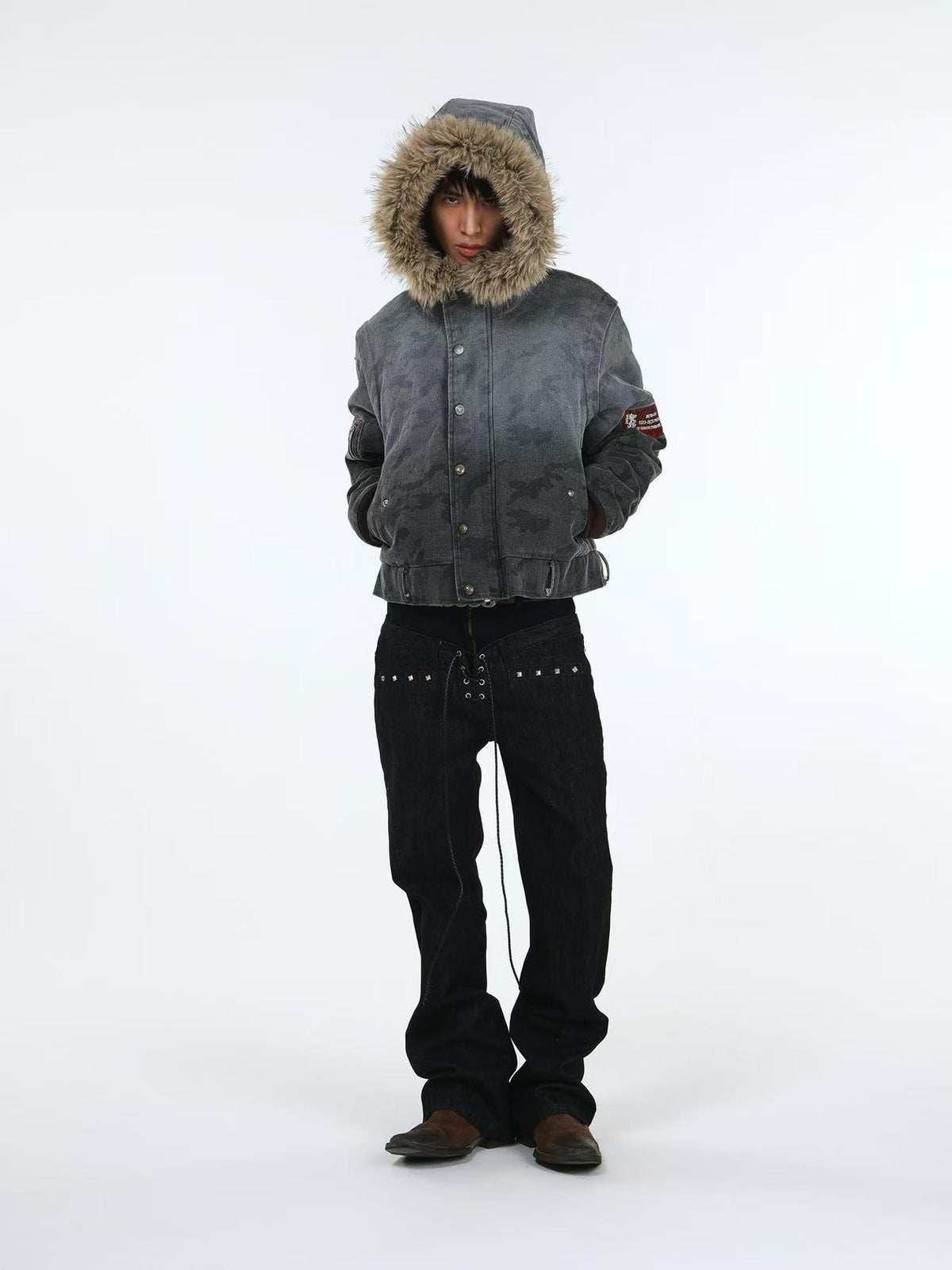 DETW online Distressed Camouflage Embroidered Badge Hooded Women&