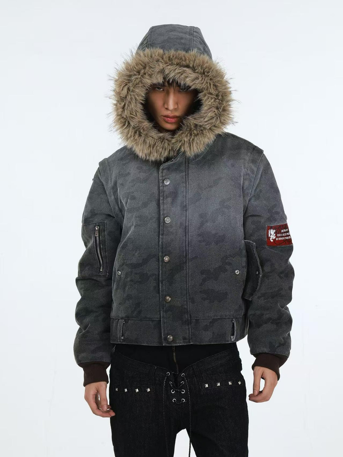 DETW online Distressed Camouflage Embroidered Badge Hooded Women&