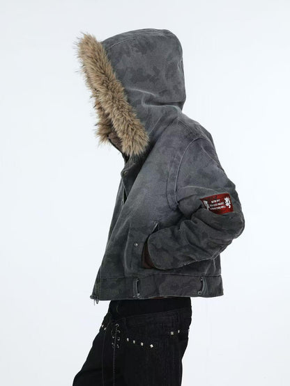 DETW online Distressed Camouflage Embroidered Badge Hooded Women&