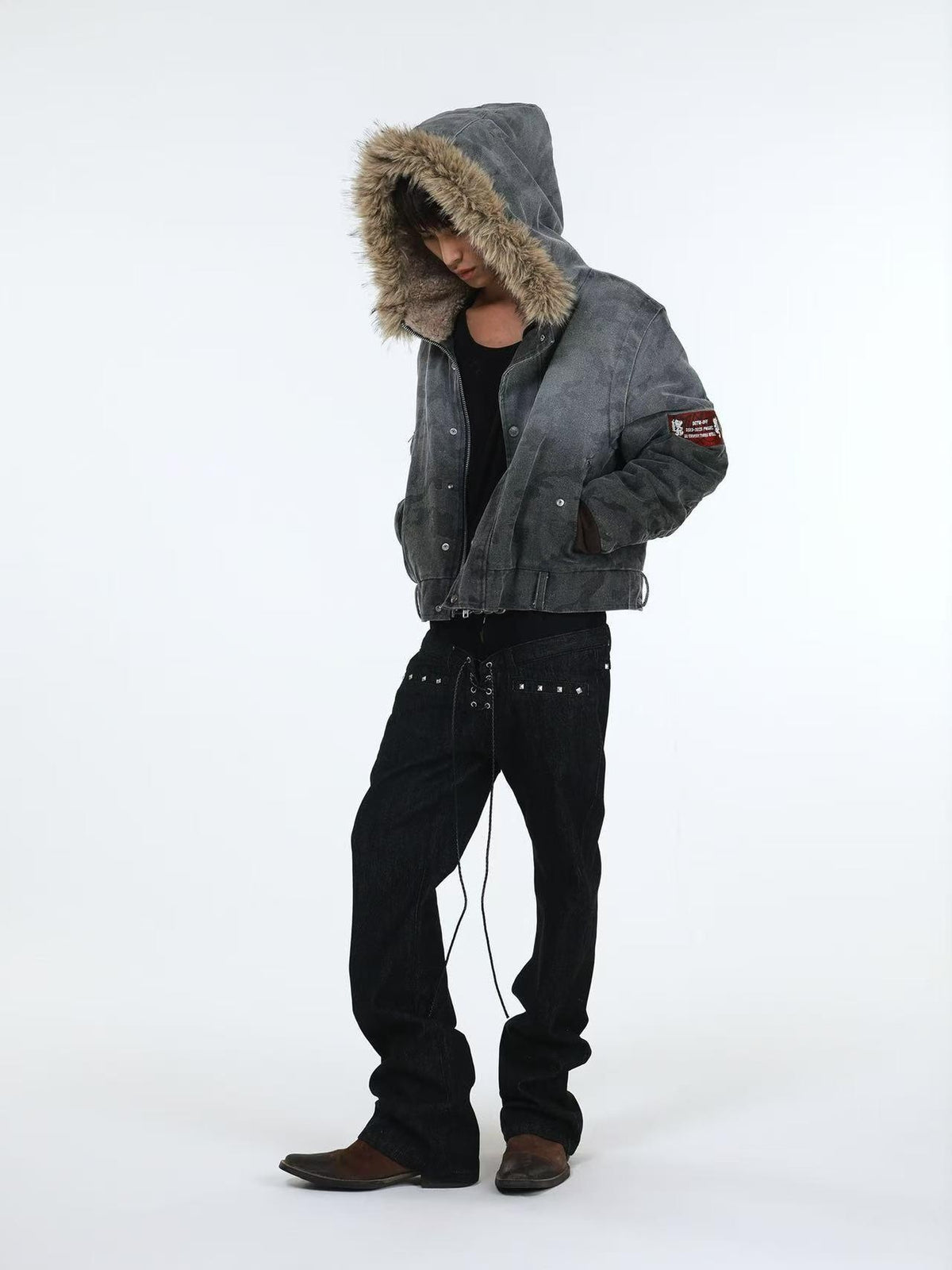 DETW online Distressed Camouflage Embroidered Badge Hooded Women&