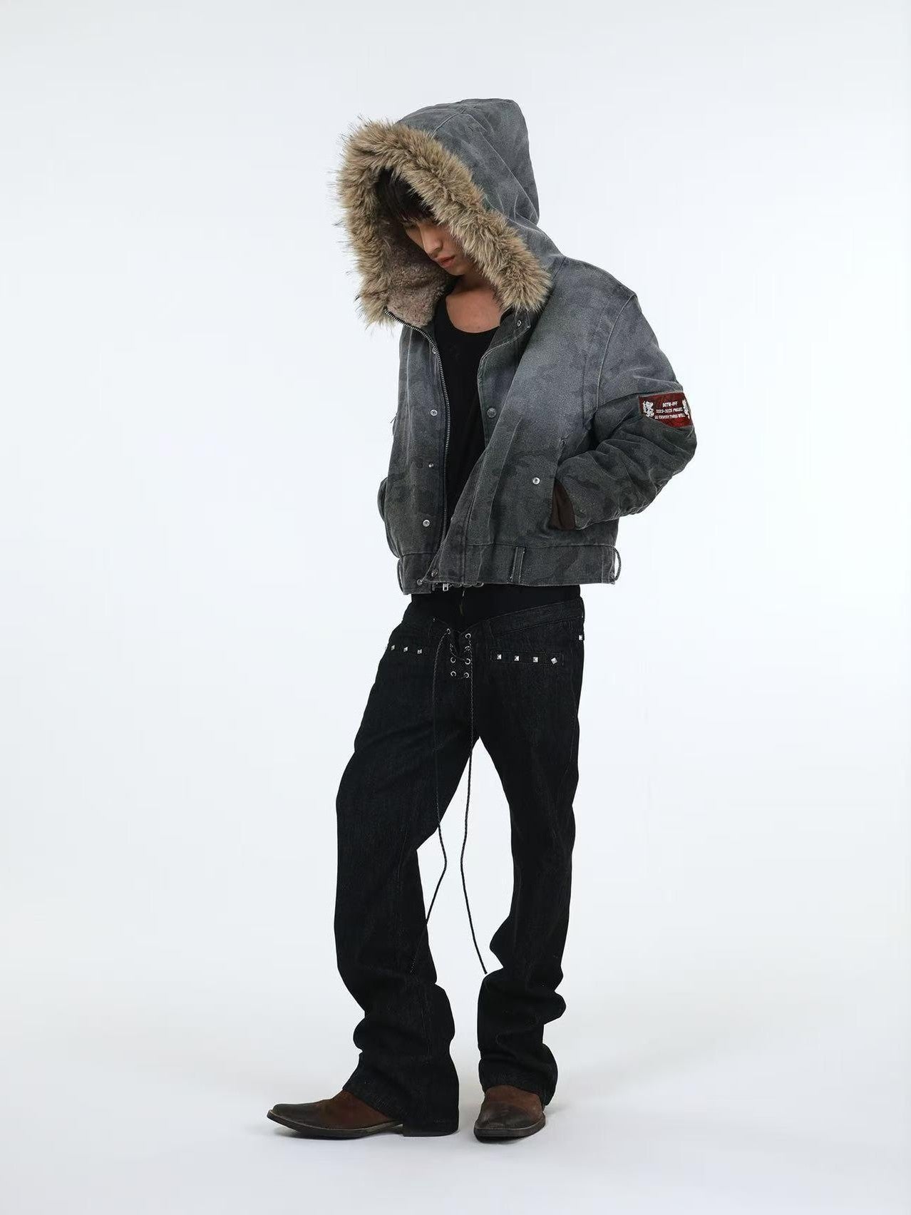 DETW online Distressed Camouflage Embroidered Badge Hooded Women&