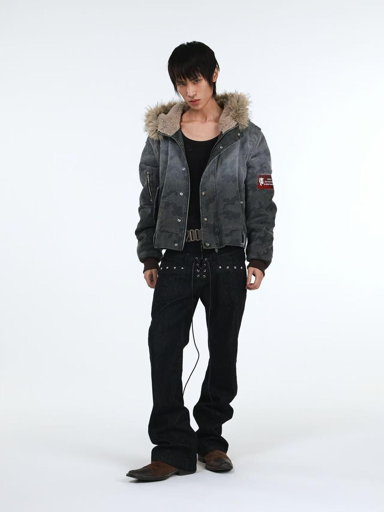 DETW online Distressed Camouflage Embroidered Badge Hooded Women&