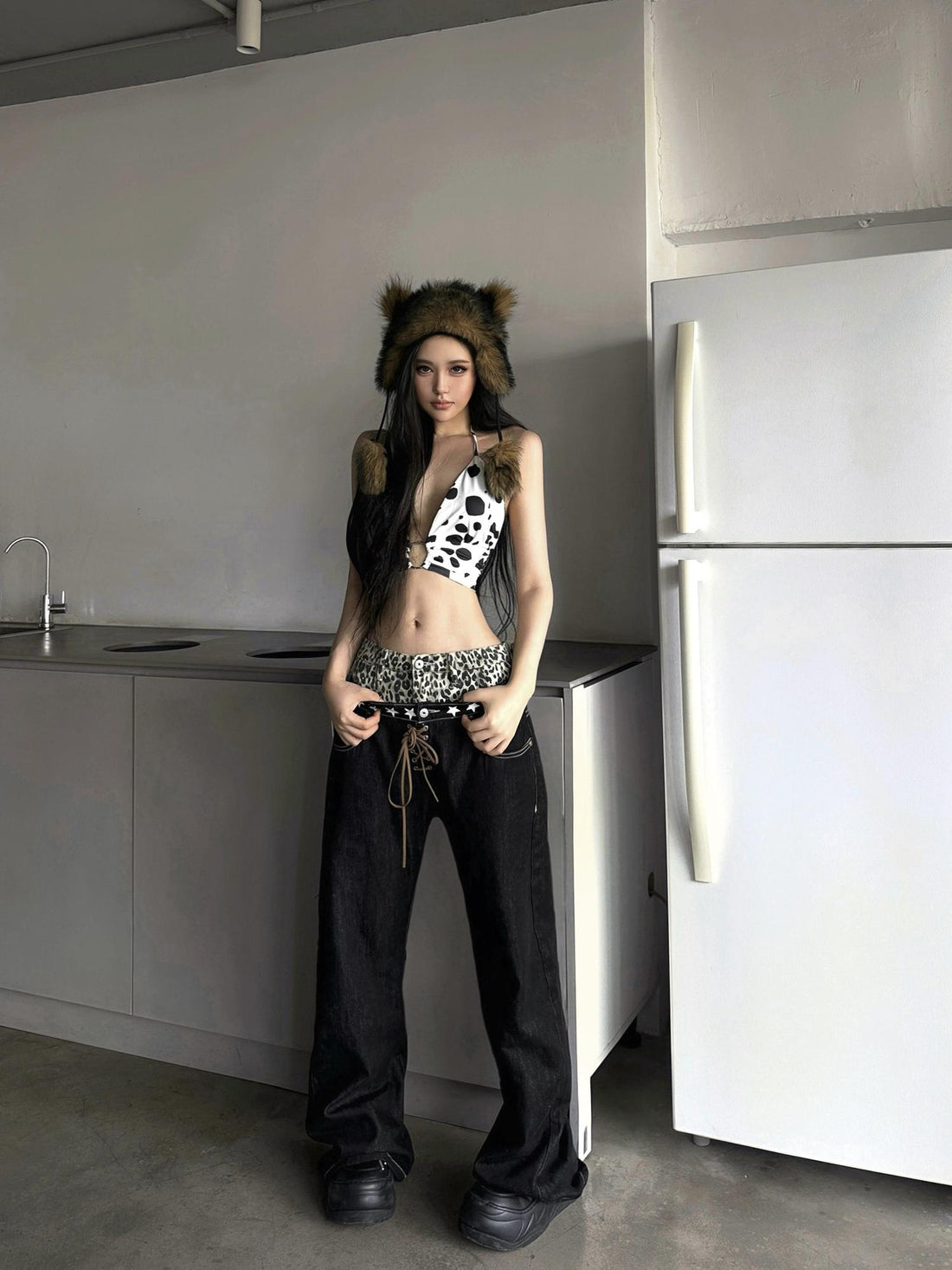DETW online Double Waist Leopard Print Stacked Jeans