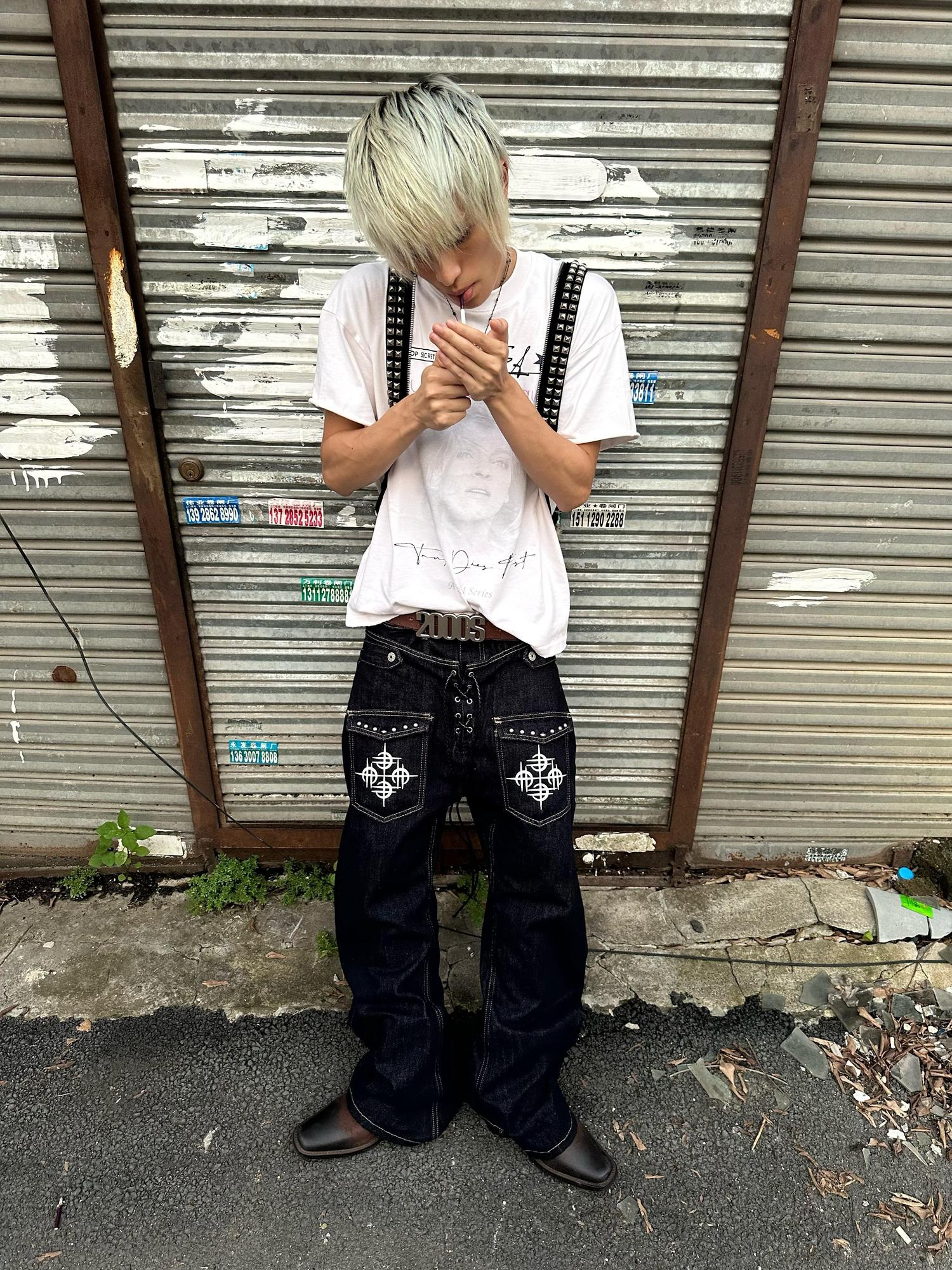 DETW online Double Waist Riveted Drawstring Jeans