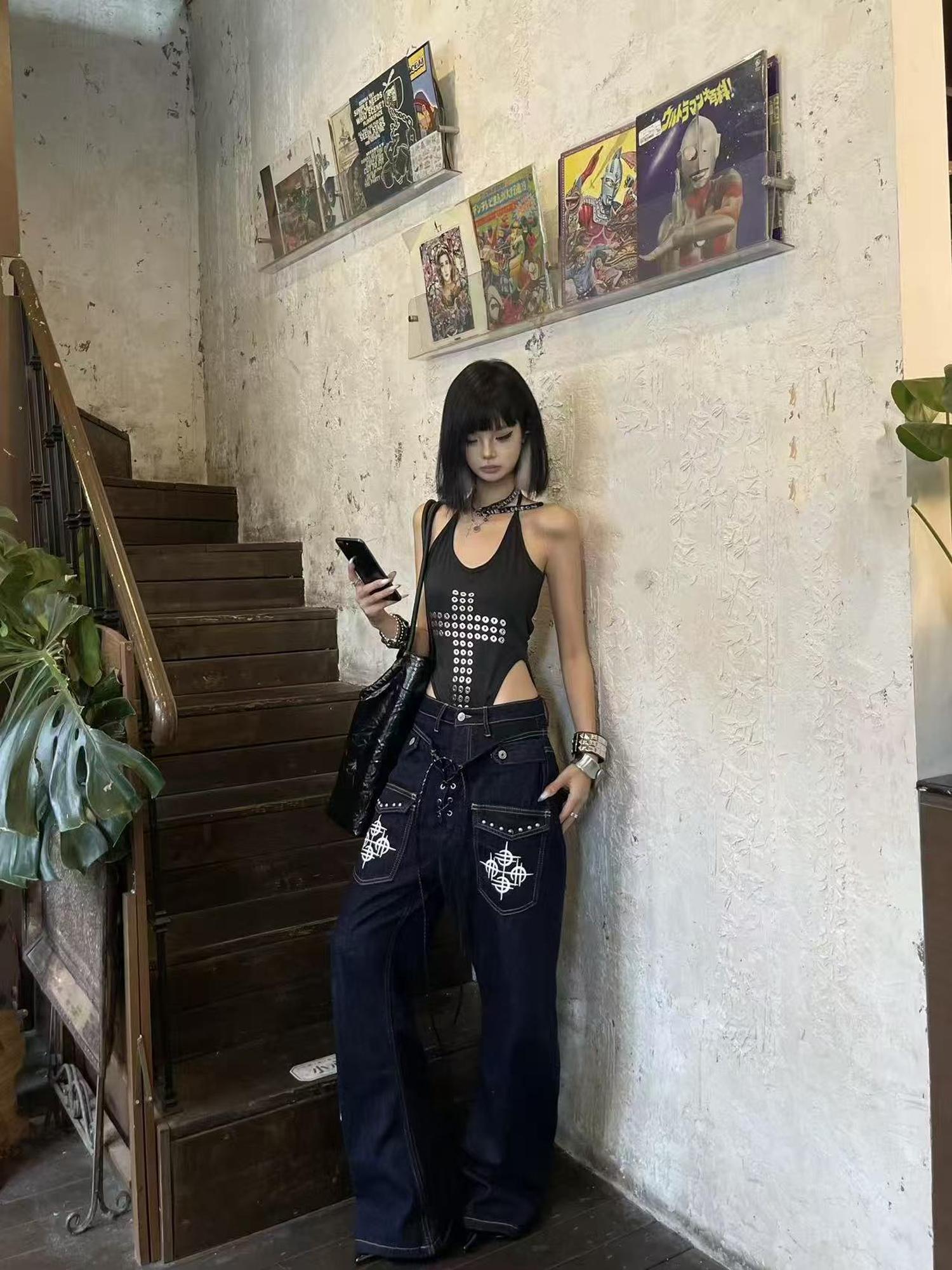 DETW online Double Waist Riveted Drawstring Jeans