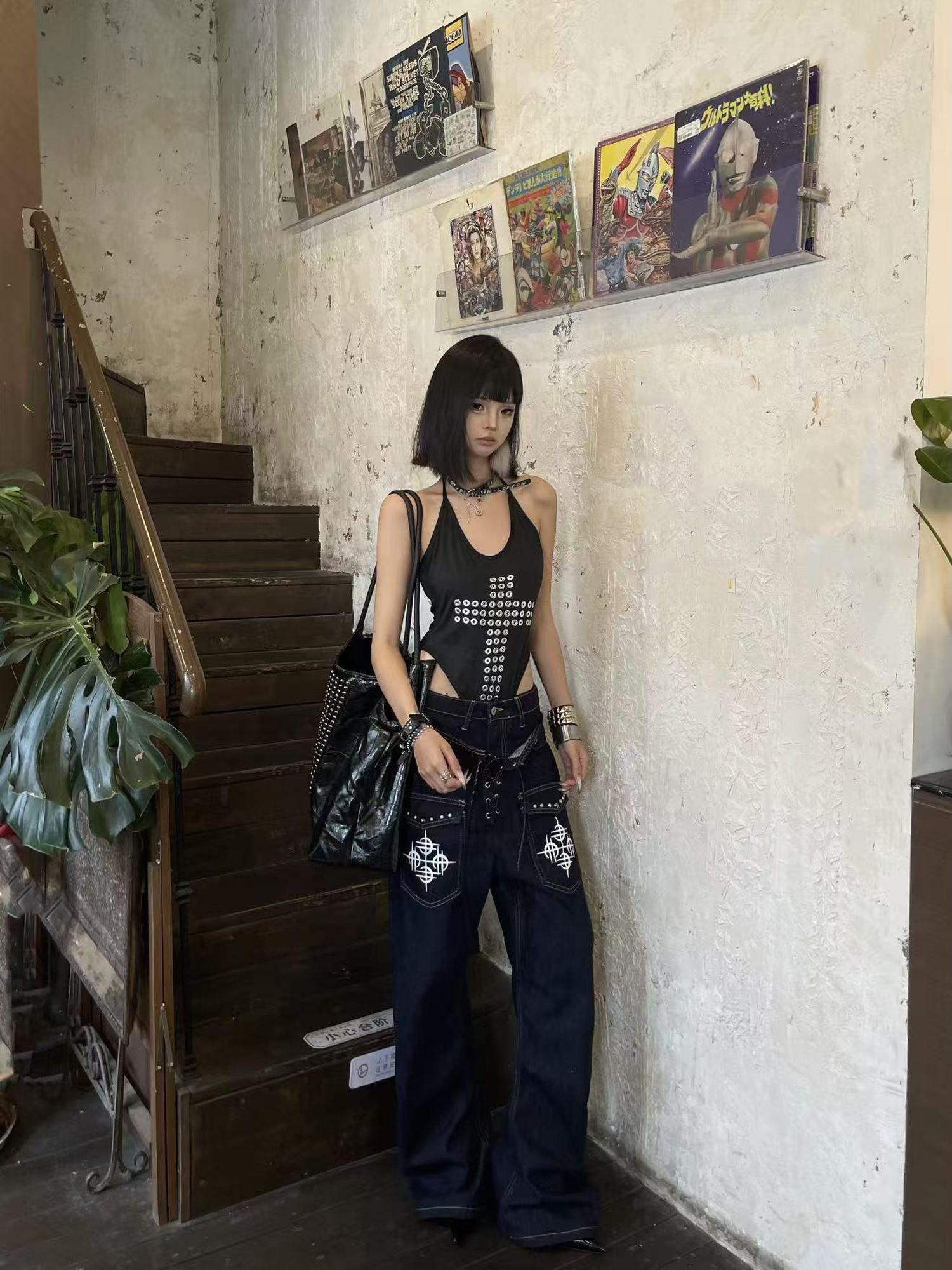 DETW online Double Waist Riveted Drawstring Jeans