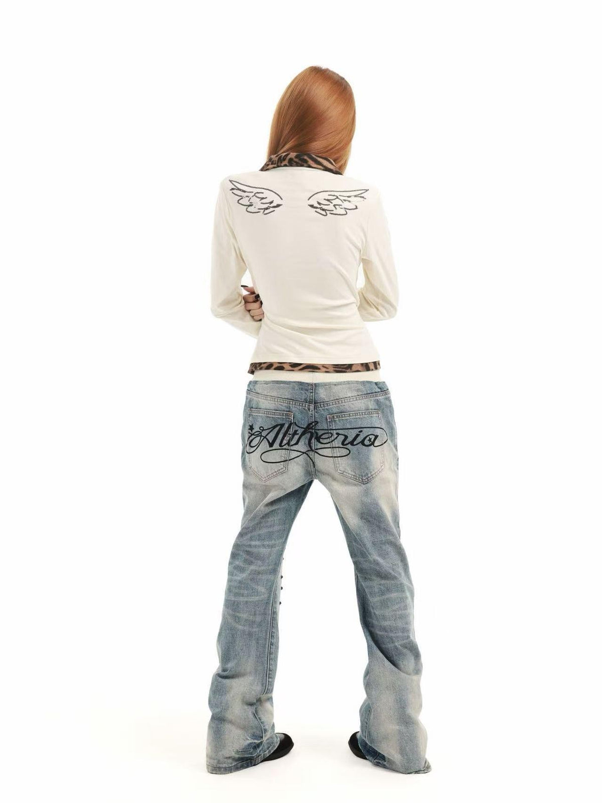 DETW online Leopard Print Sequin Embroidered Angel Slogan Women&