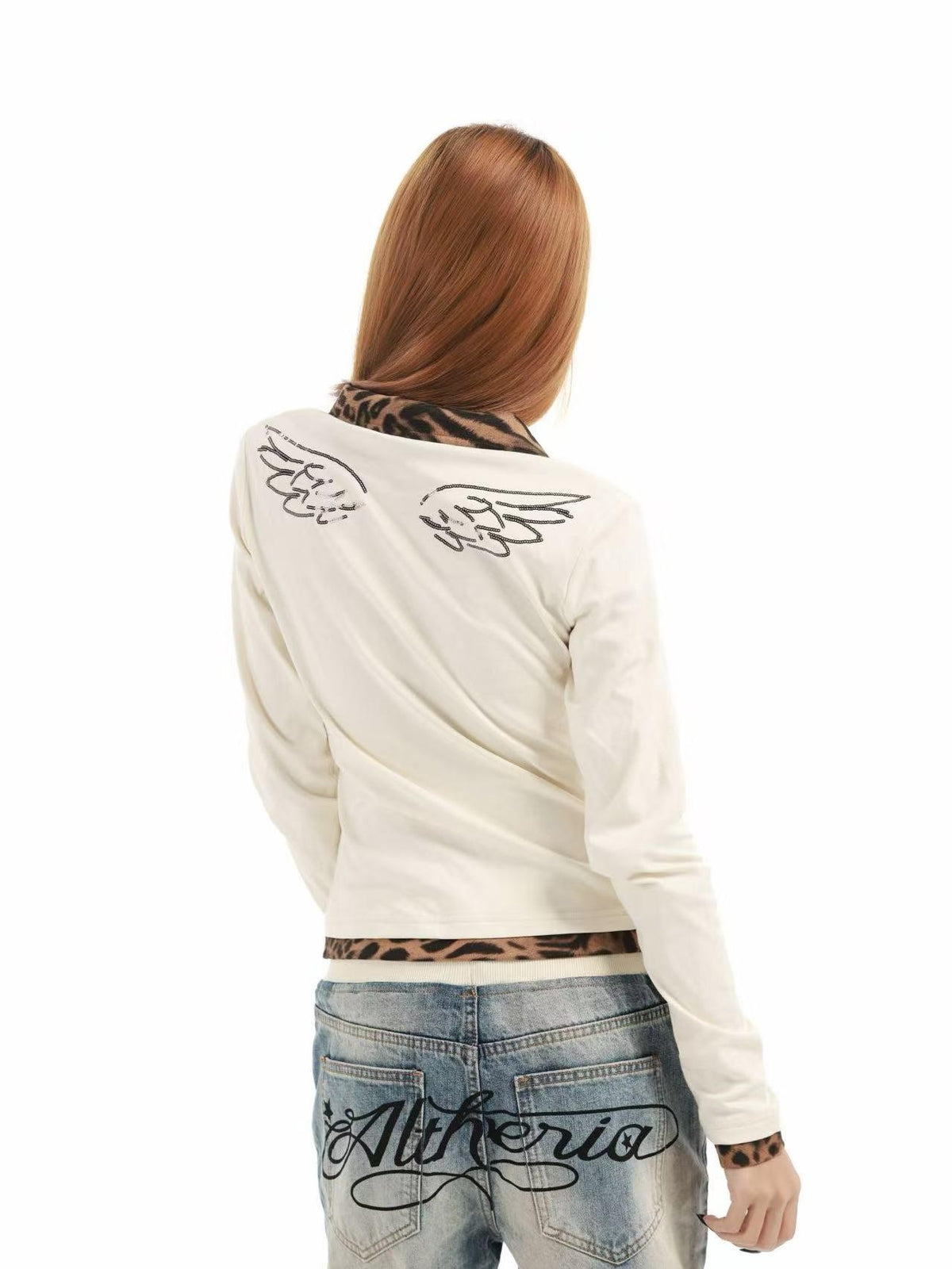 DETW online Leopard Print Sequin Embroidered Angel Slogan Women&
