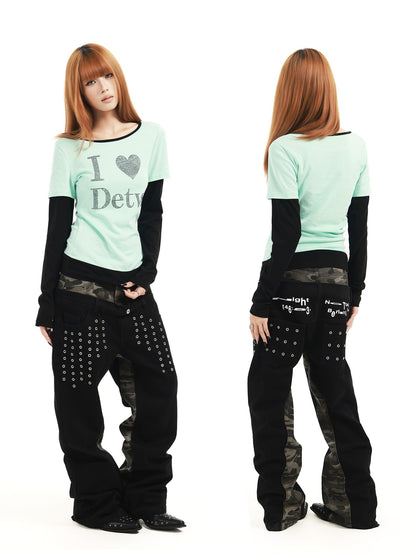 DETW online Mint Rhinestone Splice U Neck Slim Women&