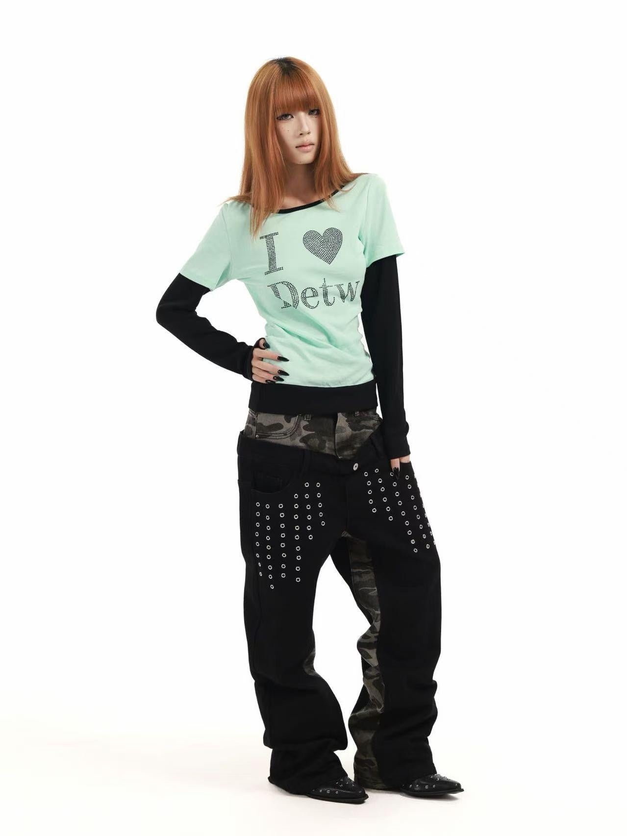 DETW online Mint Rhinestone Splice U Neck Slim Women&