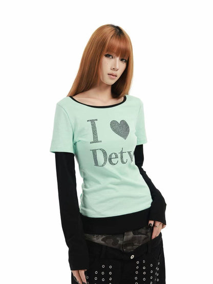 DETW online Mint Rhinestone Splice U Neck Slim Women&