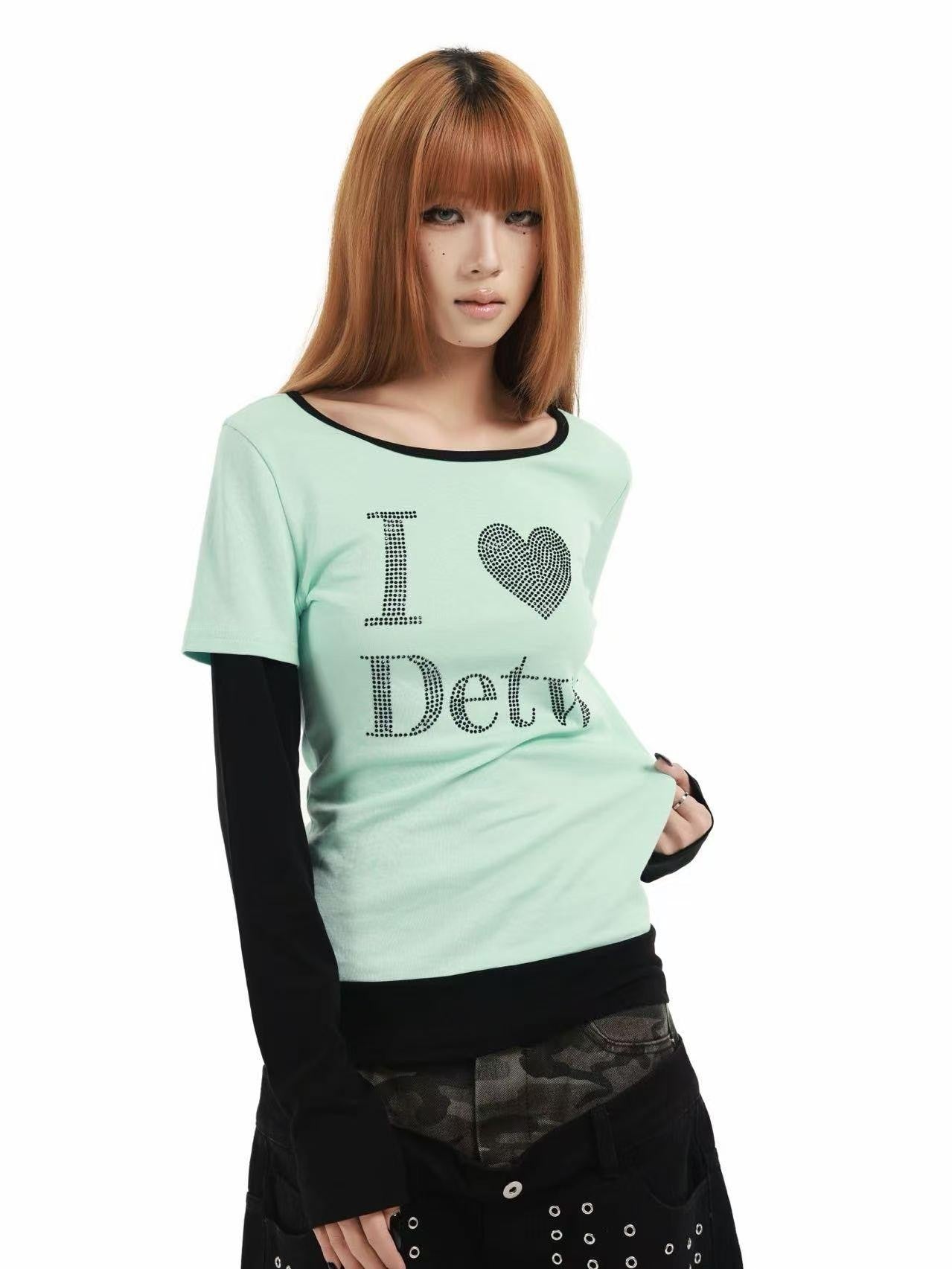 DETW online Mint Rhinestone Splice U Neck Slim Women&