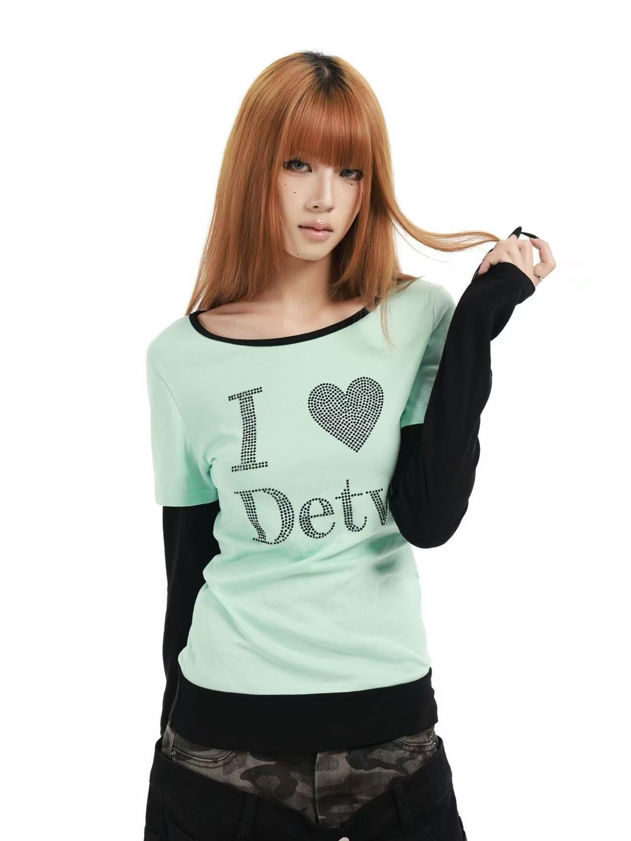 DETW online Mint Rhinestone Splice U Neck Slim Women&
