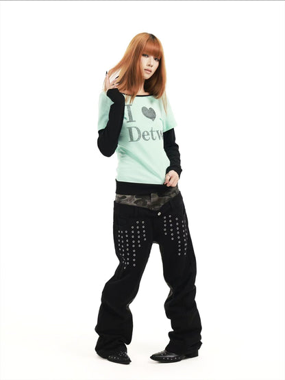 DETW online Mint Rhinestone Splice U Neck Slim Women&