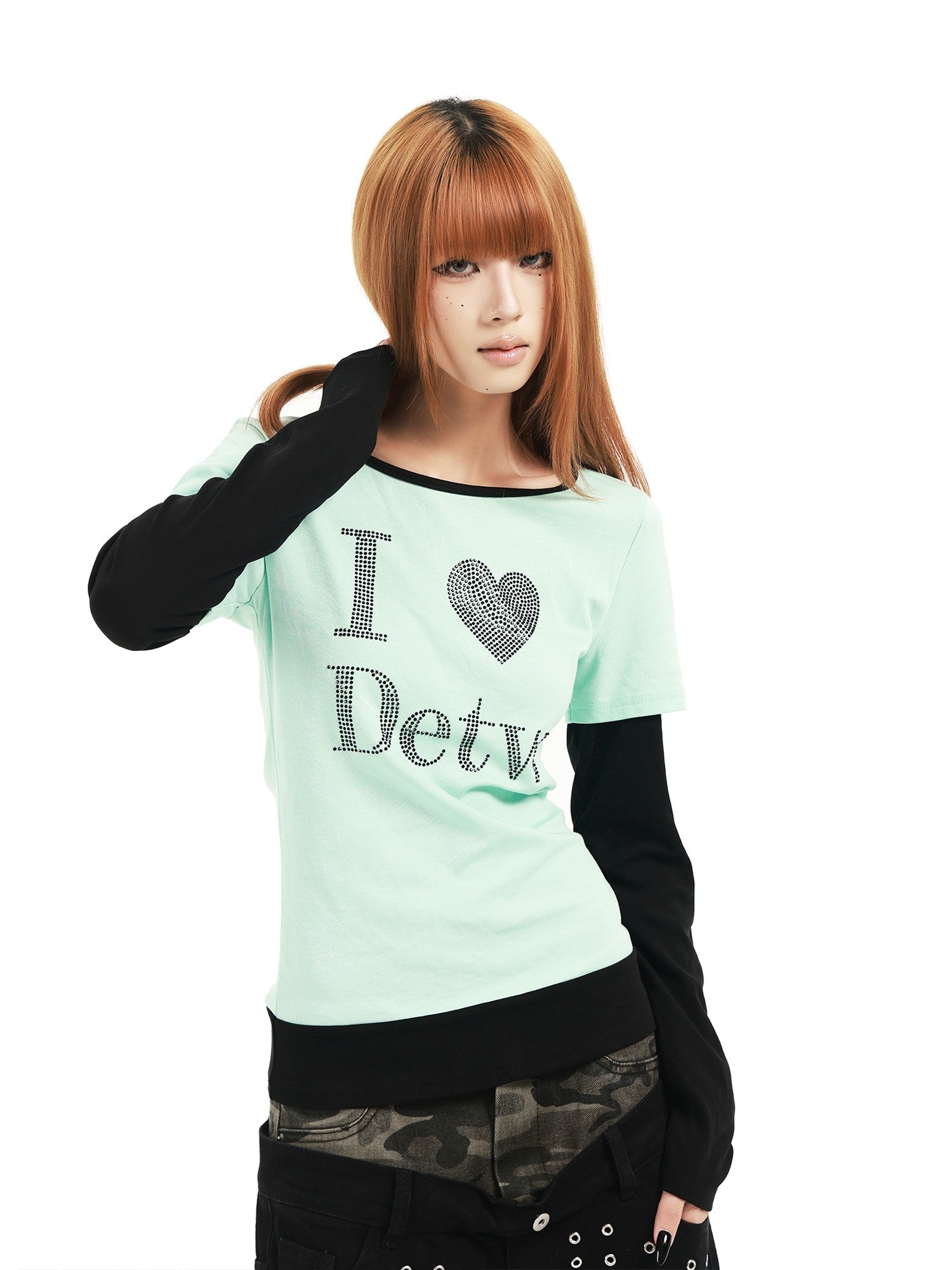 DETW online Mint Rhinestone Splice U Neck Slim Women&