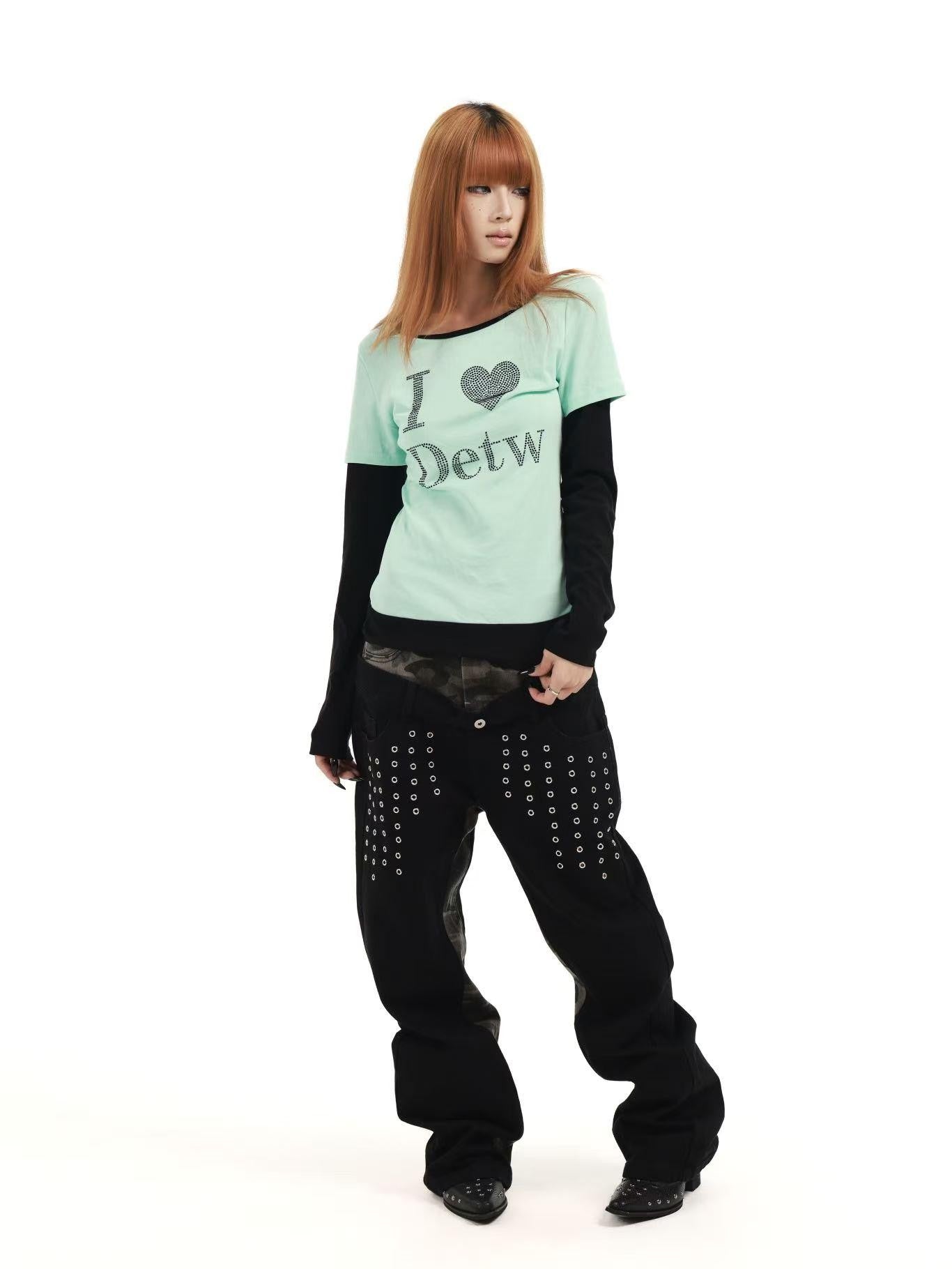 DETW online Mint Rhinestone Splice U Neck Slim Women&