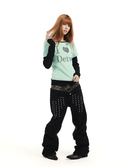 DETW online Mint Rhinestone Splice U Neck Slim Women&