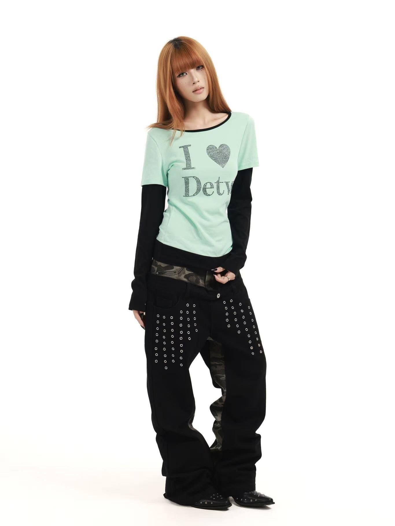 DETW online Mint Rhinestone Splice U Neck Slim Women&