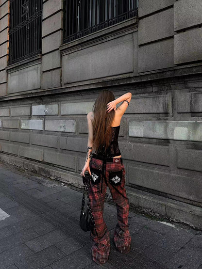 DETW online Punk Custom Red Tartan Embroidered Jeans