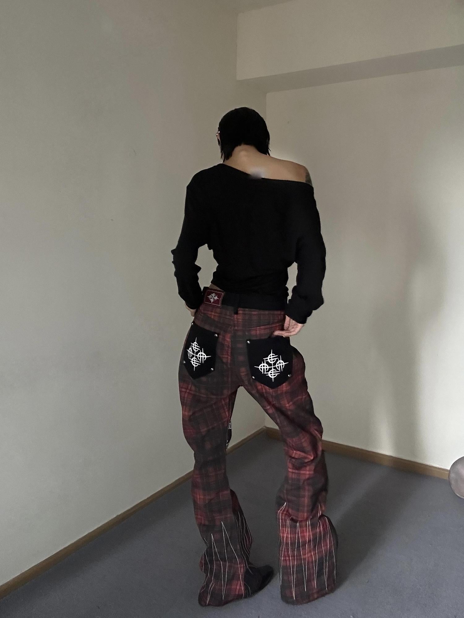 DETW online Punk Custom Red Tartan Embroidered Jeans