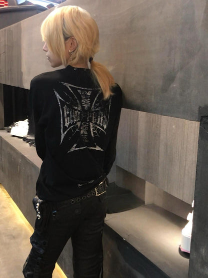 DETW online V-Neck Metal Button Gothic Cotton Long Sleeve Top T-shirt