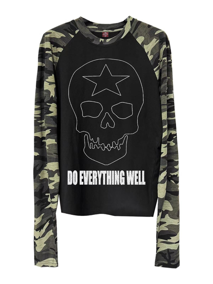 DETW online Vintage Punk Skull Camouflage Raglan V-neck T-shirt Long Sleeve