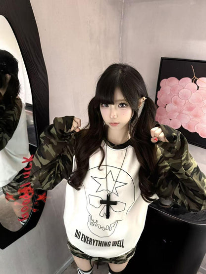 DETW online Vintage Punk Skull Camouflage Raglan V-neck T-shirt Long Sleeve