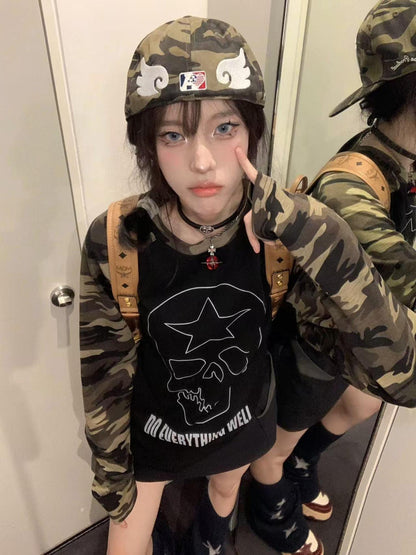 DETW online Vintage Punk Skull Camouflage Raglan V-neck T-shirt Long Sleeve