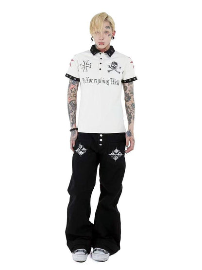 DETW online Vintage Skull Print Retro Street Polo Shirt