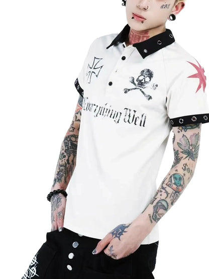 DETW online Vintage Skull Print Retro Street Polo Shirt