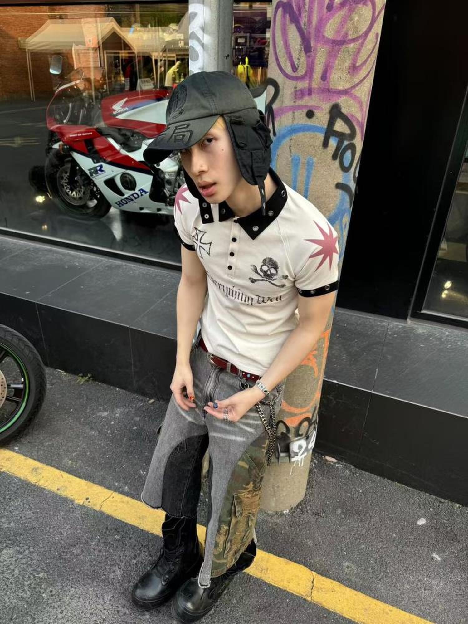 DETW online Vintage Skull Print Retro Street Polo Shirt