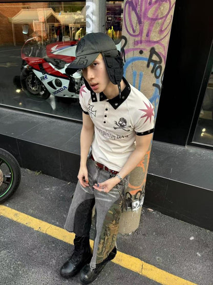 DETW online Vintage Skull Print Retro Street Polo Shirt