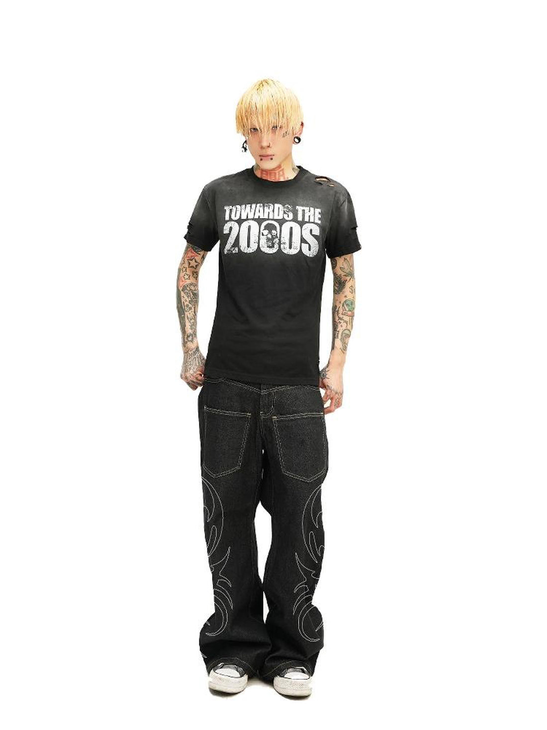 DETW online Vintage Washed 2000s Distressed Slim Fit V-neck T-shirt