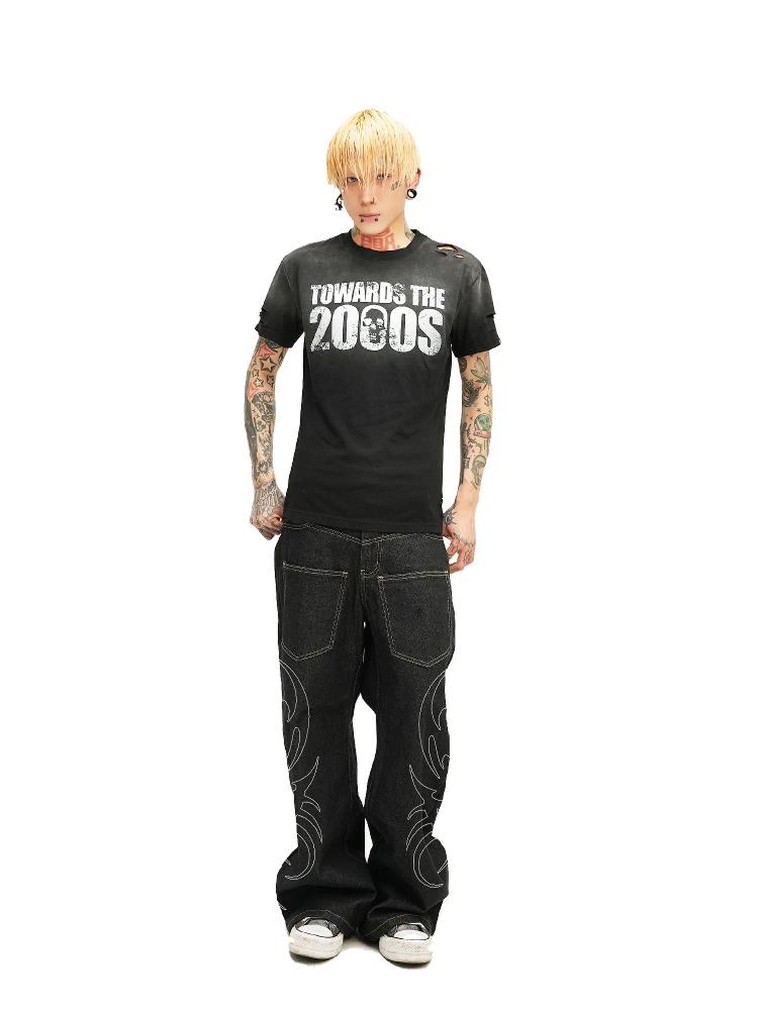 DETW online Vintage Washed 2000s Distressed Slim Fit V-neck T-shirt