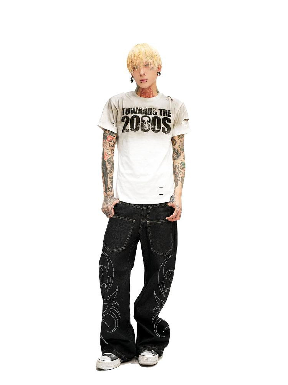 DETW online Vintage Washed 2000s Distressed Slim Fit V-neck T-shirt