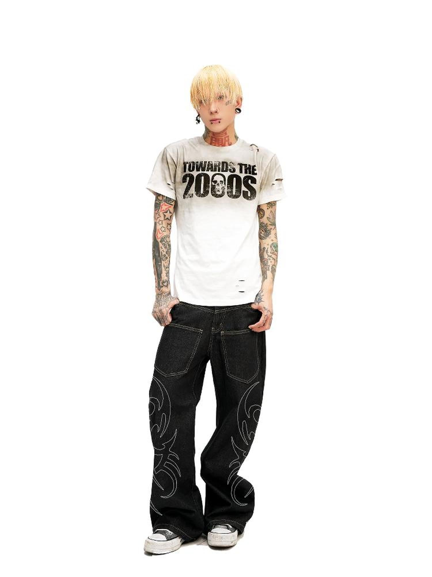 DETW online Vintage Washed 2000s Distressed Slim Fit V-neck T-shirt