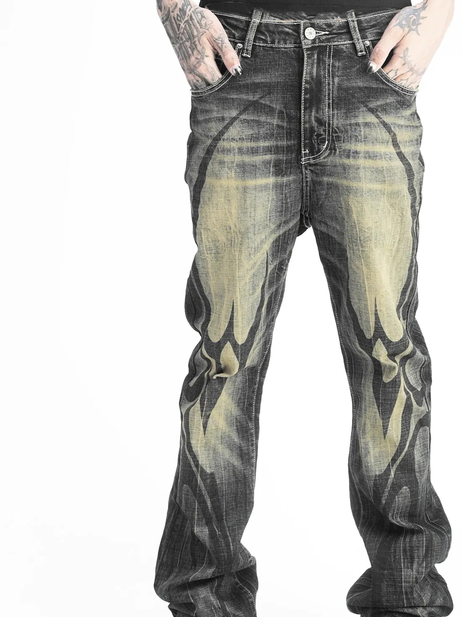 DETW online Vintage Washed Black Yellow 14oz King Totem Flared Jeans