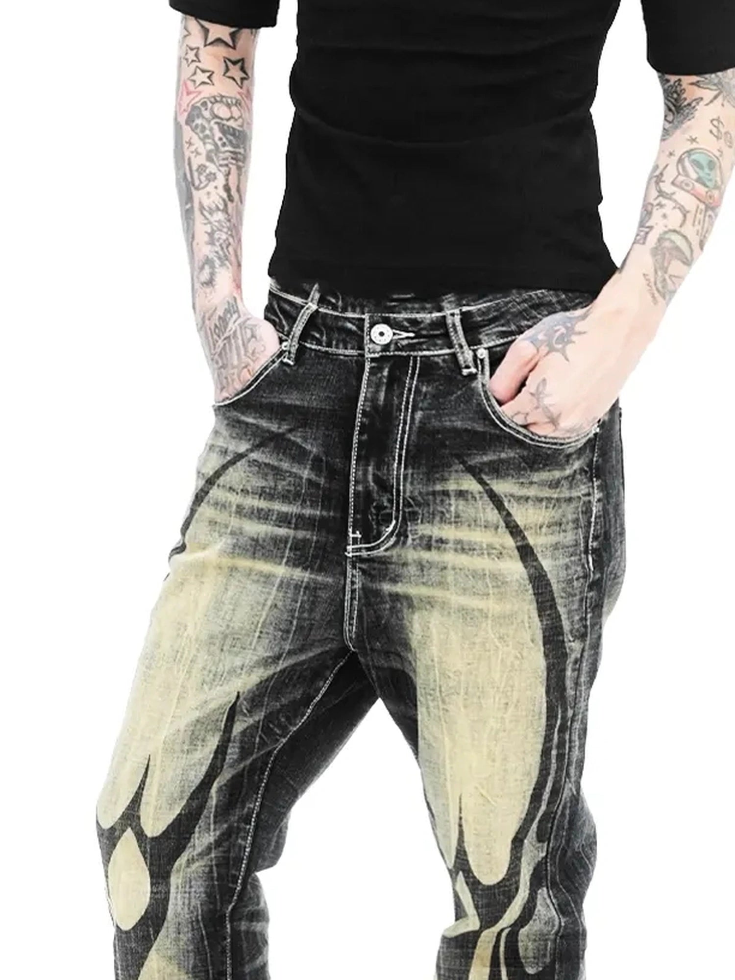 DETW online Vintage Washed Black Yellow 14oz King Totem Flared Jeans